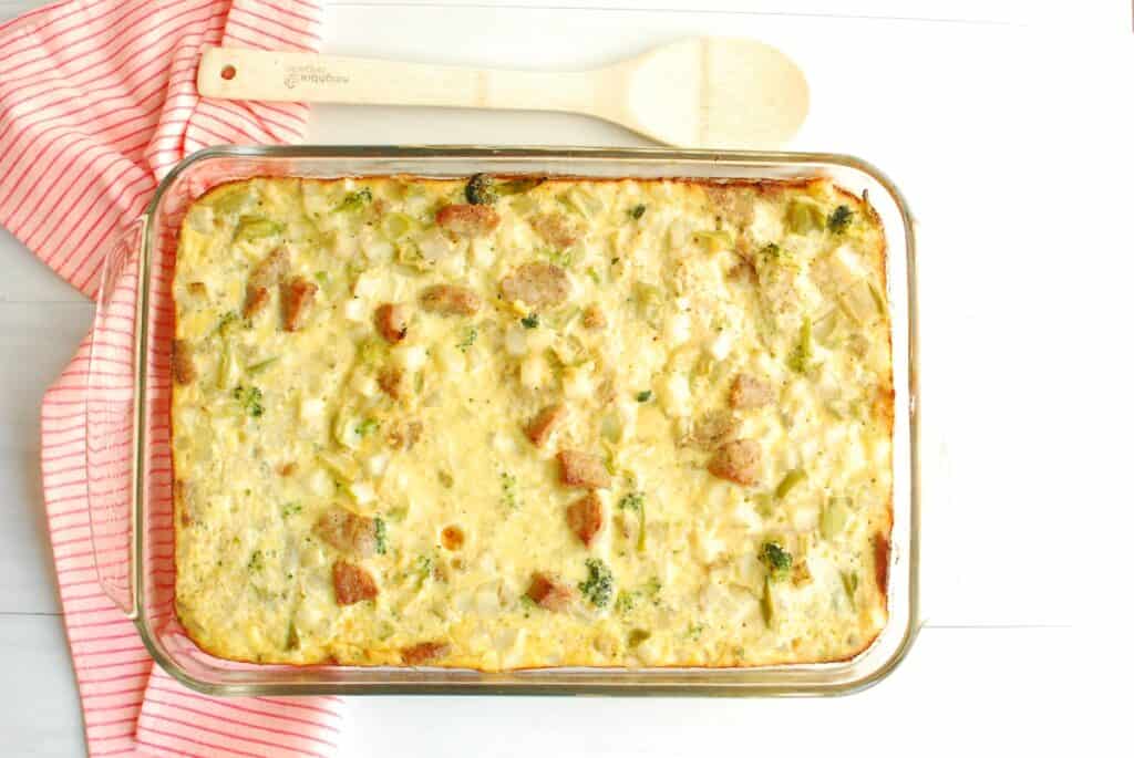 A cooked egg casserole.