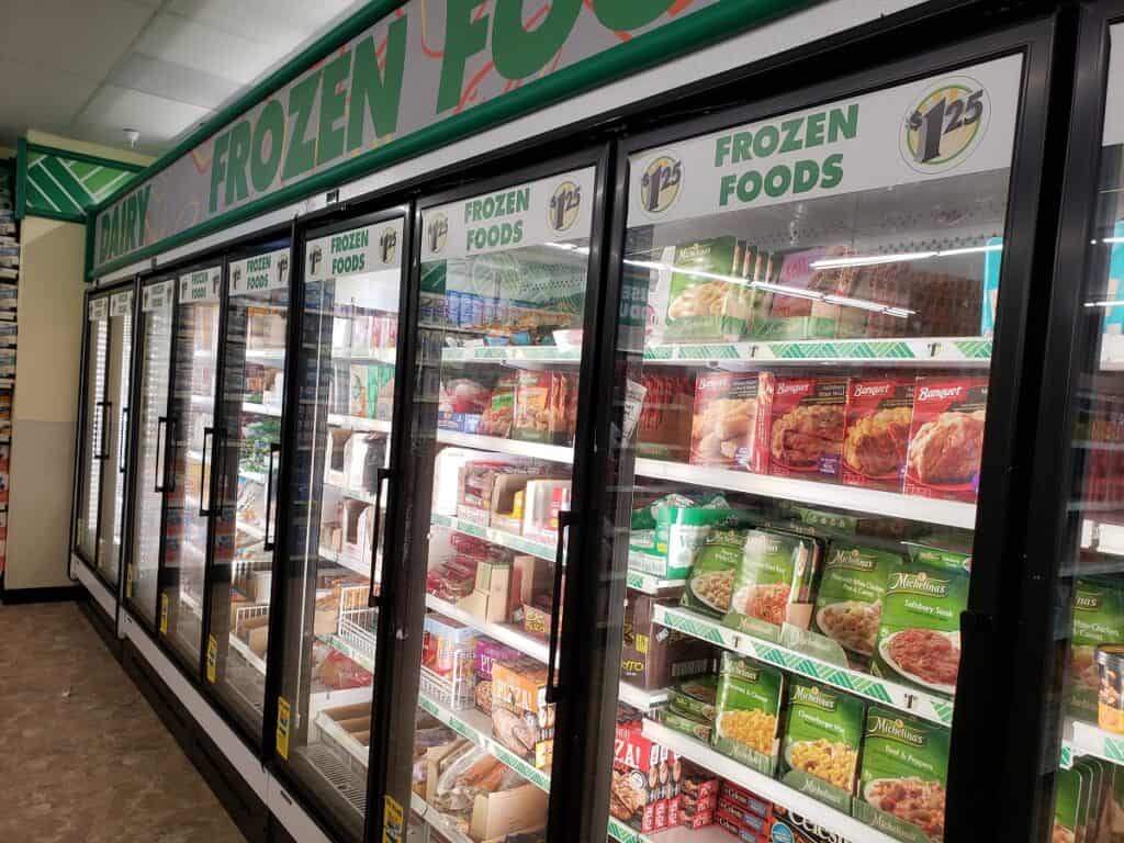 The frozen foods section at the Dollar Tree.
