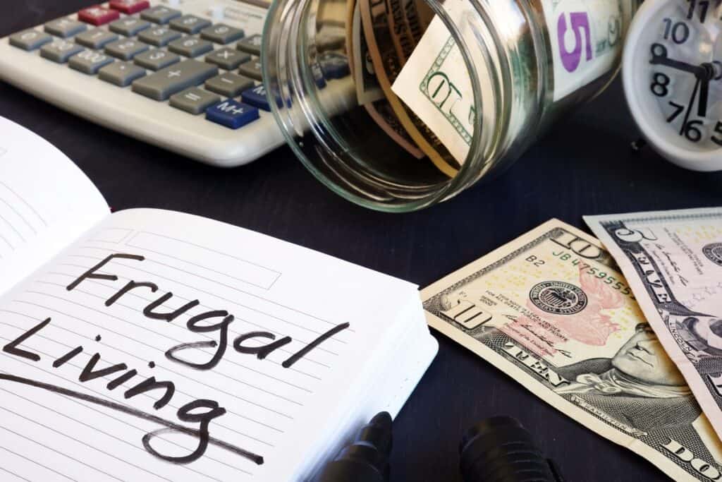 Frugal living written on a note pad, next to money and a calculator.