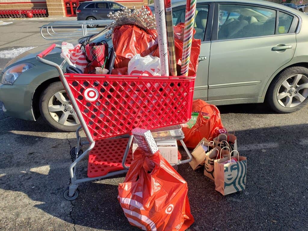 A cart full of bags from Target.