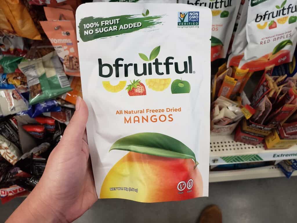 A bag of freeze dried mango from Dollar Tree.