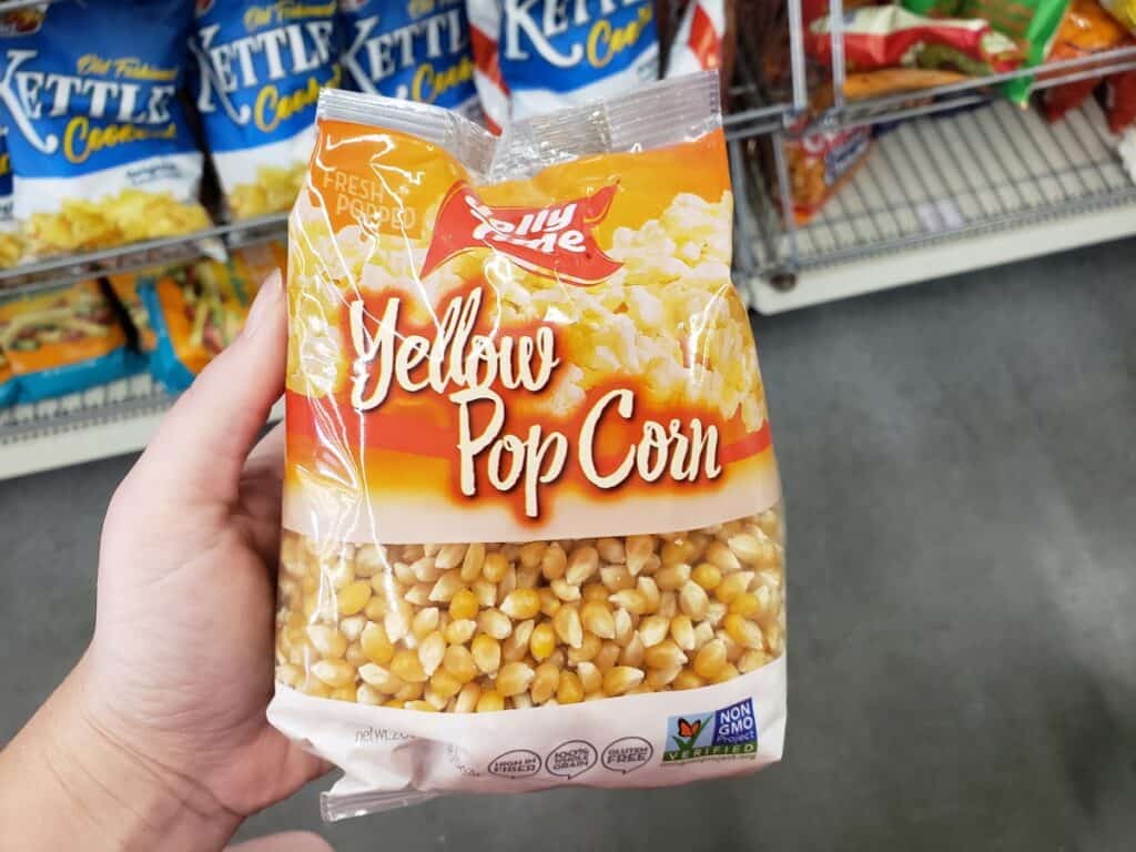 A bag of popcorn kernels from the Dollar Tree.